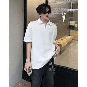 得物抖音二开240克纯棉宽松美式高街痞帅POLO翻领拉链短袖T恤图片
