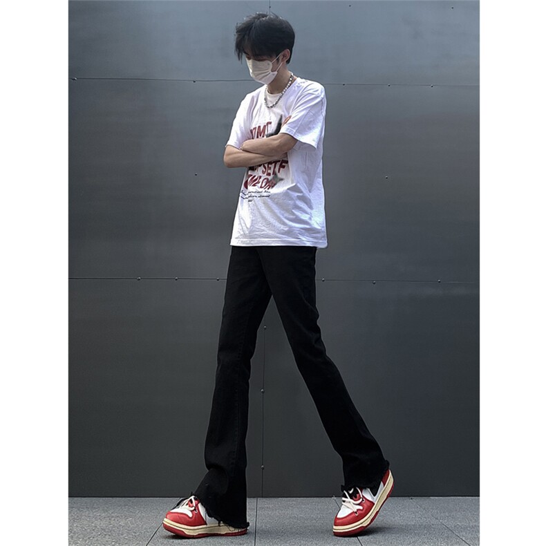 春夏主推大码黑色毛边破洞微喇黄泥牛仔裤直筒裤K10-P50,男装牛仔裤,星座205