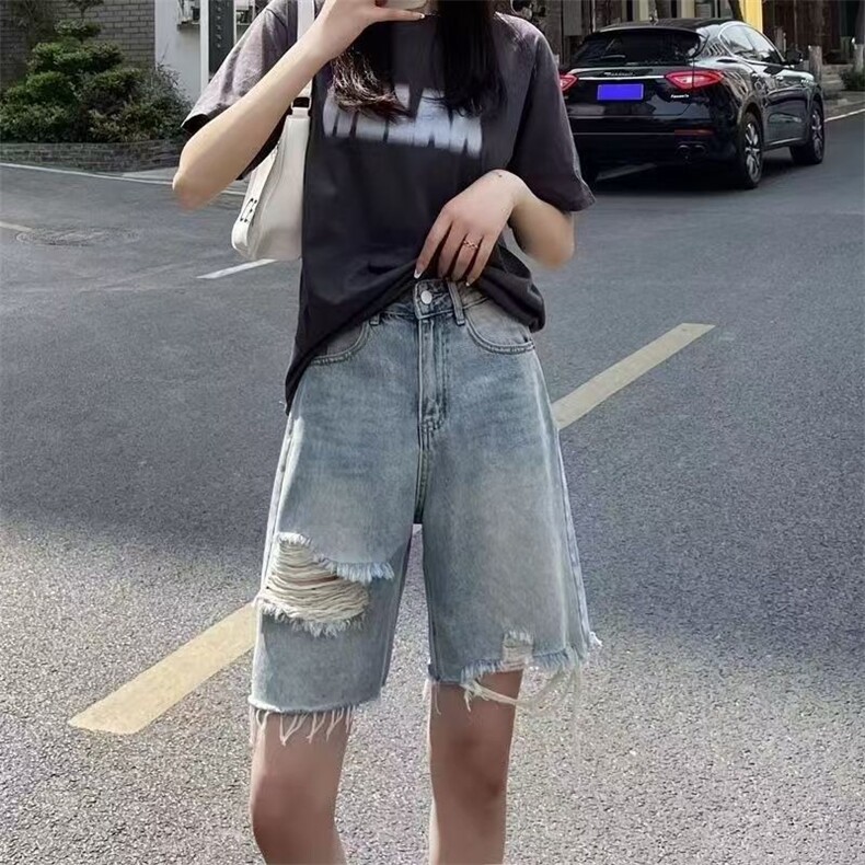 五分牛仔短裤女夏季新款高腰破洞宽松复古显瘦显高学生阔腿裤中裤,男装牛仔裤,星座1210-1