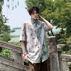 现货新中式新款衬衫短袖风竹叶水墨画花大码CS33-P65-控88，男装衬衫，电商A021