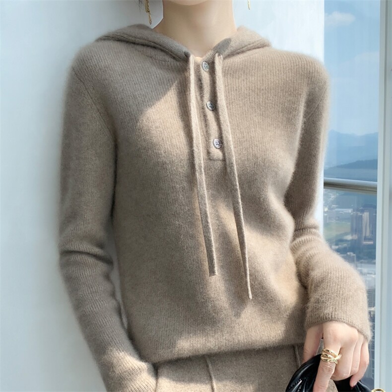 25秋冬新款抽绳连帽纯羊毛衫女宽松带帽卫衣羊绒衫针织毛衣打底衫,针织衫/毛衣,艾驰羊绒