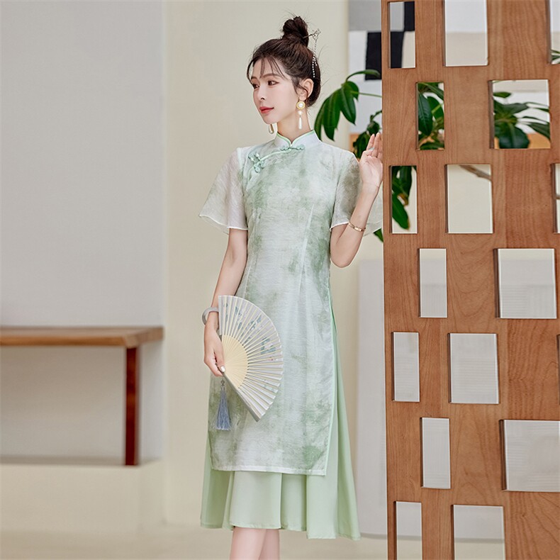 优雅气质改良版旗袍连衣裙女夏季新款修身显瘦粉色长裙,女装连衣裙,利佳可人