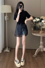 设计感小众时尚气质套装女夏新款圆领网纱拼接上衣牛仔短裤两件套，女装套装/套裙，江南