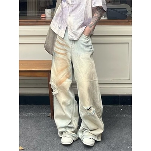 美式高街复古做旧水洗黄泥牛仔裤男女新款废土风破洞拖地长裤潮牌图片