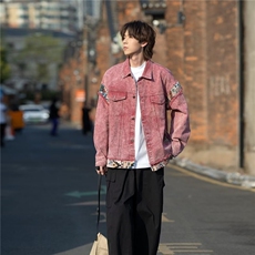 美式复古甜酷脏粉色水洗拼接牛仔外套男女古着情侣棒球服679/P75，女装职业装，星座506