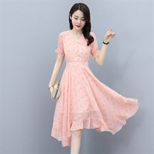 2021夏季新款时尚气质优雅V领不规则裙摆修身显瘦连衣裙，女装连衣裙，多彩