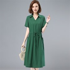 2021夏季新款简约时尚气质V型翻领抽绳系带收腰中长款连衣裙，女装连衣裙，鑫鑫格