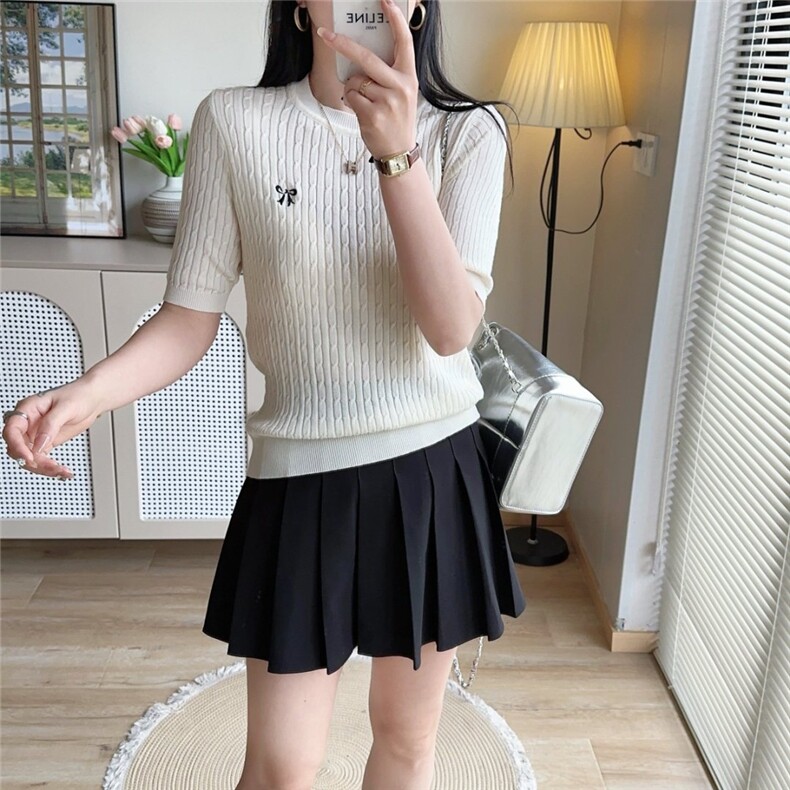显瘦绣花短袖T恤女装2025年夏季新款纯色,针织衫/毛衣,臻纶羊绒