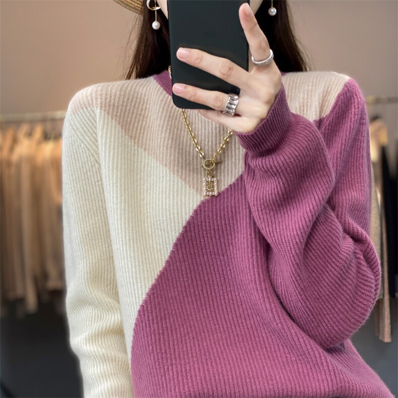 圆领拼色新款秋冬季针织衫羊毛衫女2024年秋季,女装羊毛衫,琳尚羊绒