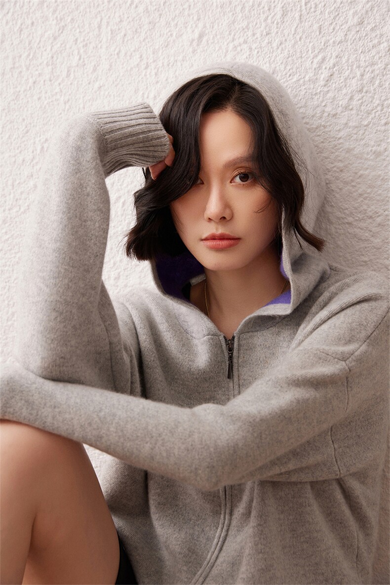 2024秋季新款长袖女士35%羊绒空气夹层帽衫通勤百搭,女装羊绒衫,雪真羊绒高端店