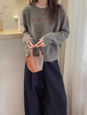 2026年秋季时尚百搭通勤简约休闲小熊提花圆领，女装针织衫/毛衣，米咔羊绒