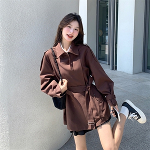红棕色风衣外套女2025春秋新款宽松百搭设计感英伦风中长款大衣潮图片