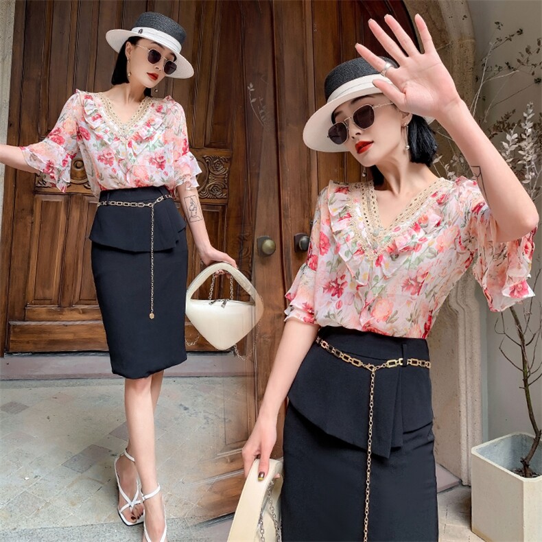 2022夏季新款优雅气质V领印花小衫+修身半身裙两件套，女装套装/套裙，卡杰菲