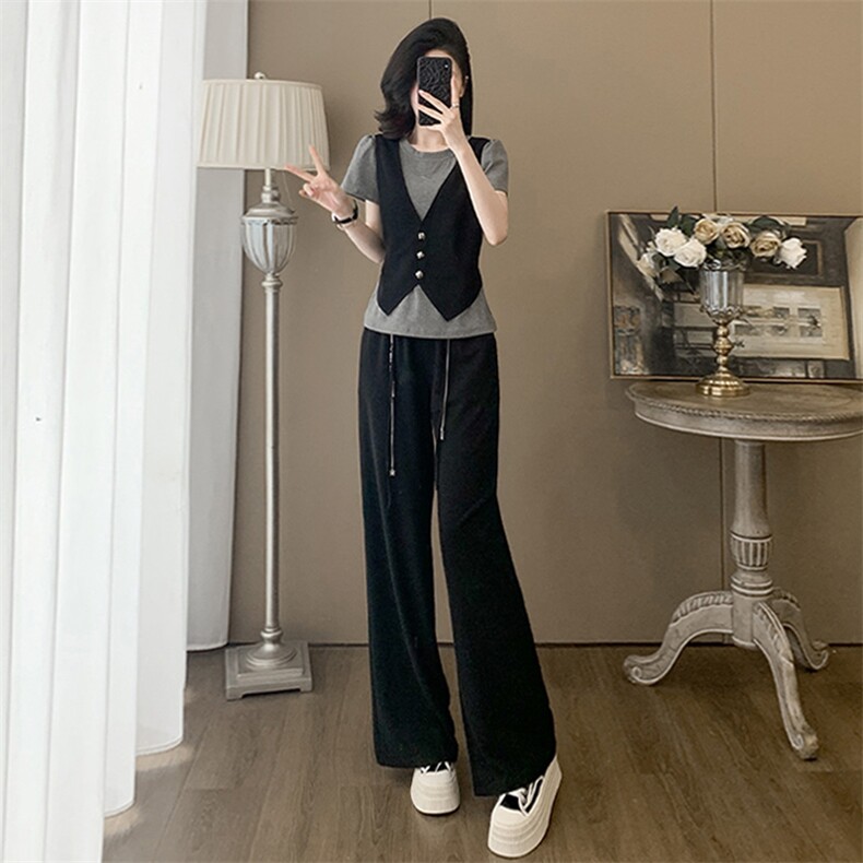 韩版时尚休闲运动套装女夏新款圆领马甲假两件上衣抽绳阔腿裤套装图片