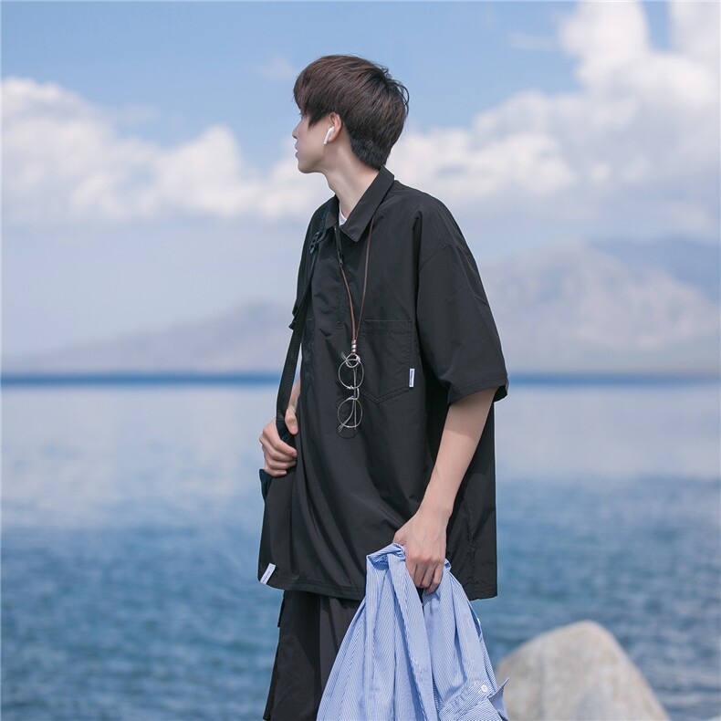 山系半拉链短袖t恤男polo衫夏季薄款日系cityboy休闲工装半袖衬衫,男装衬衫,四季星座518-2