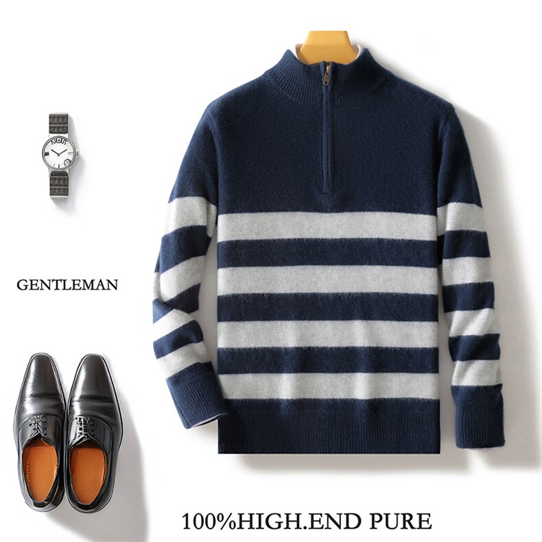 时尚男士秋冬新款条纹拉链半高领羊毛衫高品质保暖舒适，男装羊毛衫，邓利维