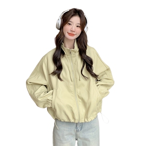 黄色设计感超好看PU皮外套女短款2025春新款休闲洋气抽绳宽松夹克图片