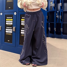 美式设计感烫钻抽绳阔腿卫裤男女宽松百搭休闲直筒拖地长裤，男装休闲裤，星座506A