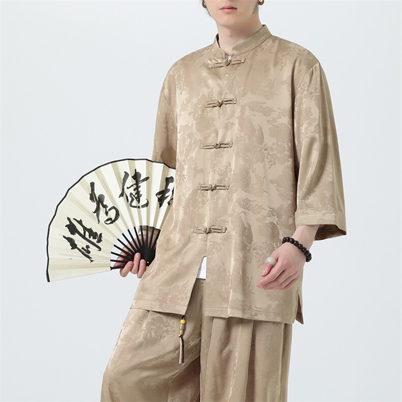 新中式男士七分袖衬衫2025夏季新款立领大码盘扣上衣CS100-P55,男装衬衫,电商A008