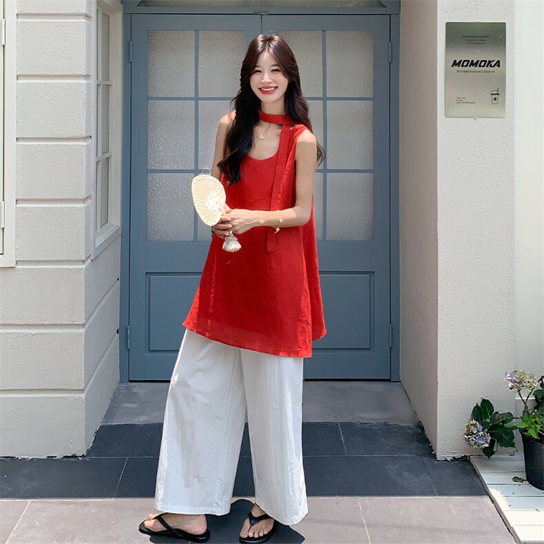 俏皮活泼红色无袖衬衫阔腿裤套装女夏两件套韩里韩气流行爆款流行图片