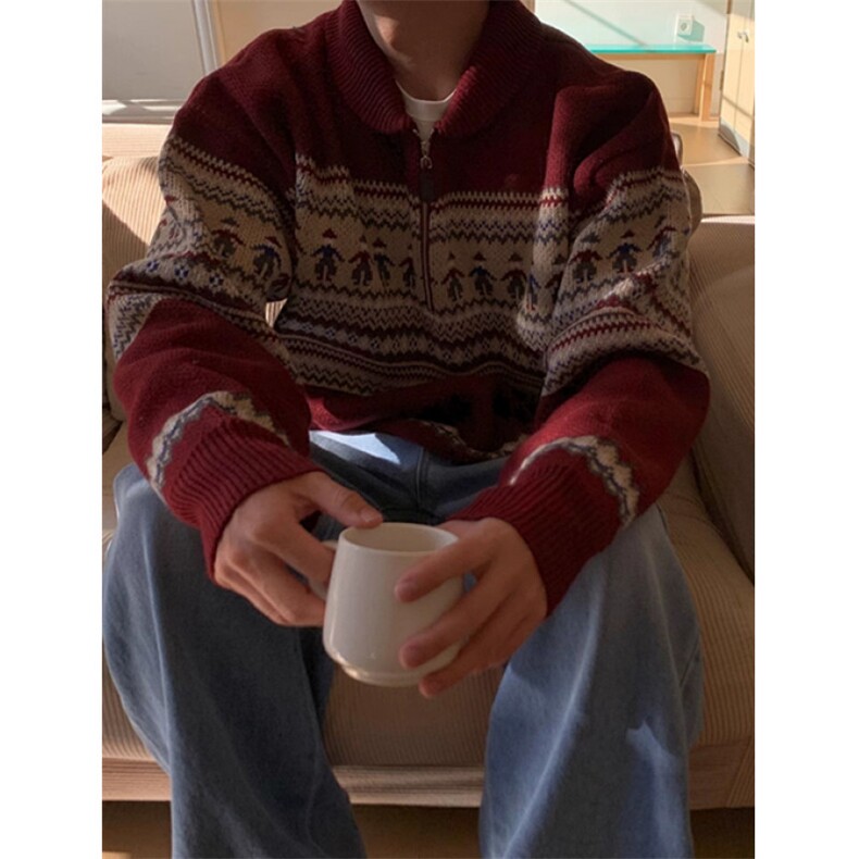 复古费尔岛提花拉链POLO领毛衣新年圣诞红翻领针织衫M2354,男装针织衫/毛衣,星座1116A（原606A-3）