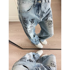 DB06-P48美式天使印花破洞牛仔裤男直筒cleanfit裤子-网图现货，男装牛仔裤，星座603-2
