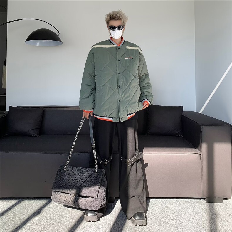 冬季潮牌菱形格保暖棉衣男高级感棒球服复古宽松棉袄M8008-P68,男装棉衣,星座1109-3