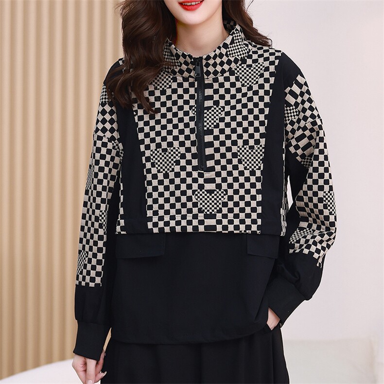 2023春装新款时尚潮流拼接格子上衣，女装卫衣/绒衫，梦芯尔