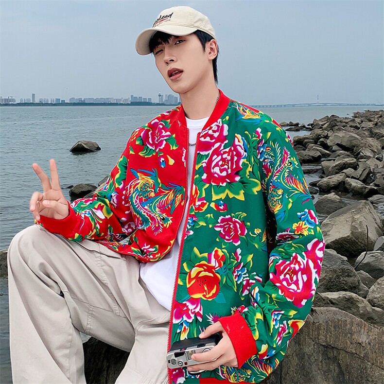 J01男女棒球领夹克外套东北大花汉服开衫左右拼接撞色潮春装,男装夹克,星座115A(原星座507）