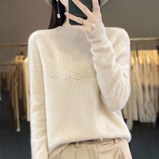 一线成衣针织100%羊毛衫女半高领花朵镂空宽松套头毛衣打底羊绒衫，女装羊毛衫，鲁菏羊绒