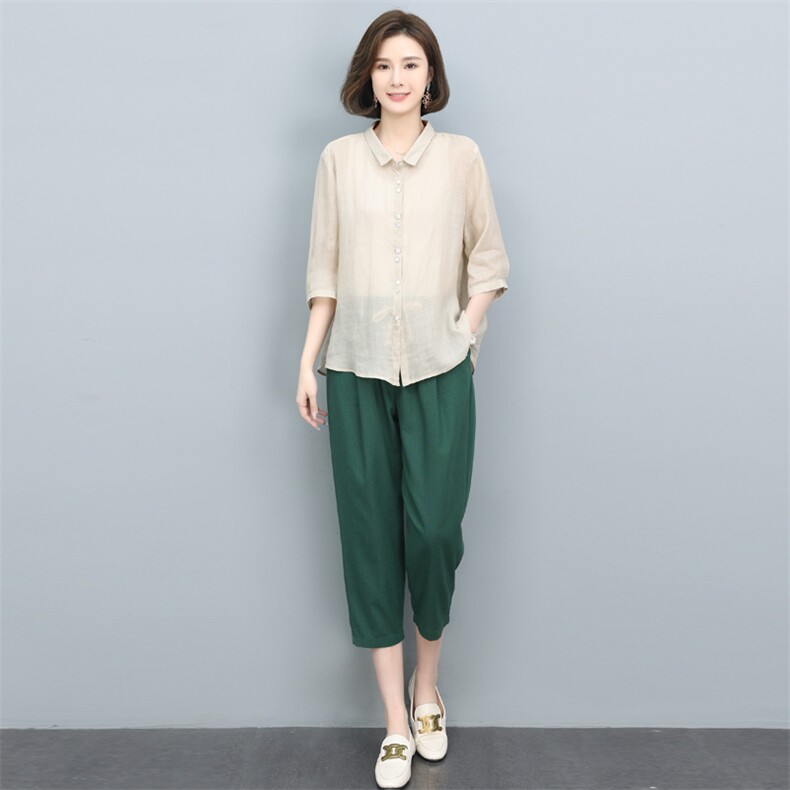 高端苎麻衬衫女夏季2024新款棉麻风上衣中年妈妈洋气减龄漂亮小衫,女装套装/套裙,奕阳依阁
