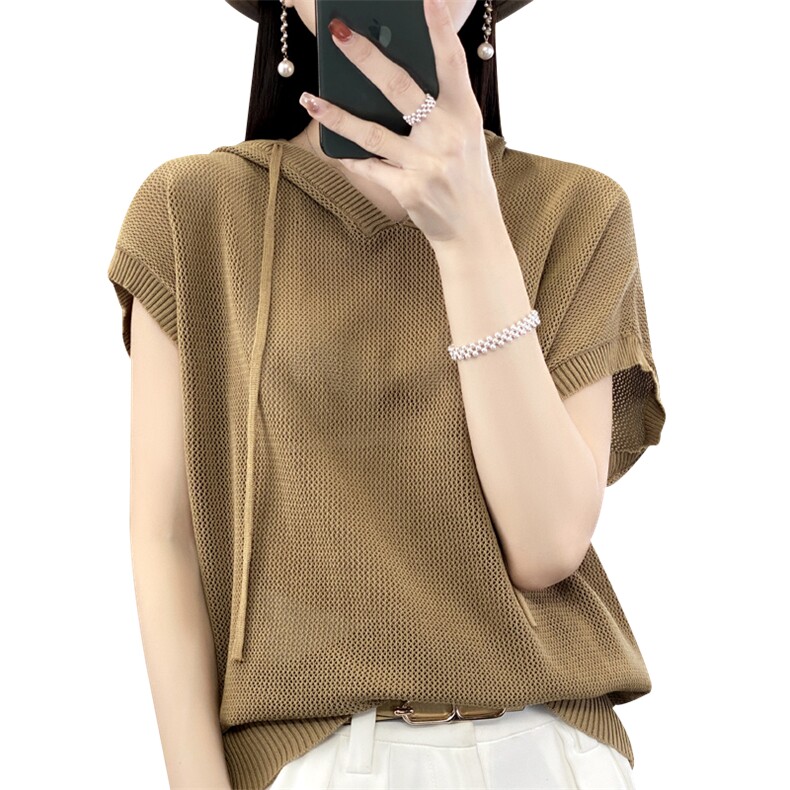 夏季新款精细羊毛连帽T恤女宽松镂空抽绳短袖百搭针织半袖打底衫,女装T恤,忠诺羊绒