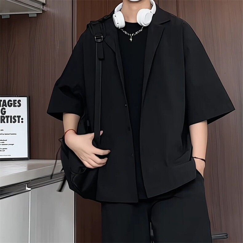 C5029/P40夏季新品西服领衬衫男个性肌理感格纹潮男宽松衬衣上衣,男装西服,电商A141