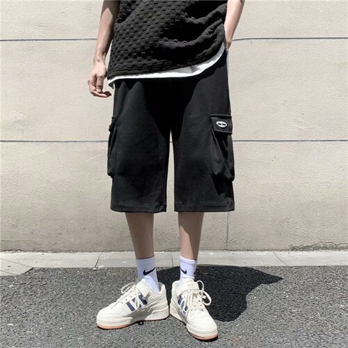 潮牌港风宽松直筒七分裤男韩版工装夏季百搭大口袋短裤D873-P30图片