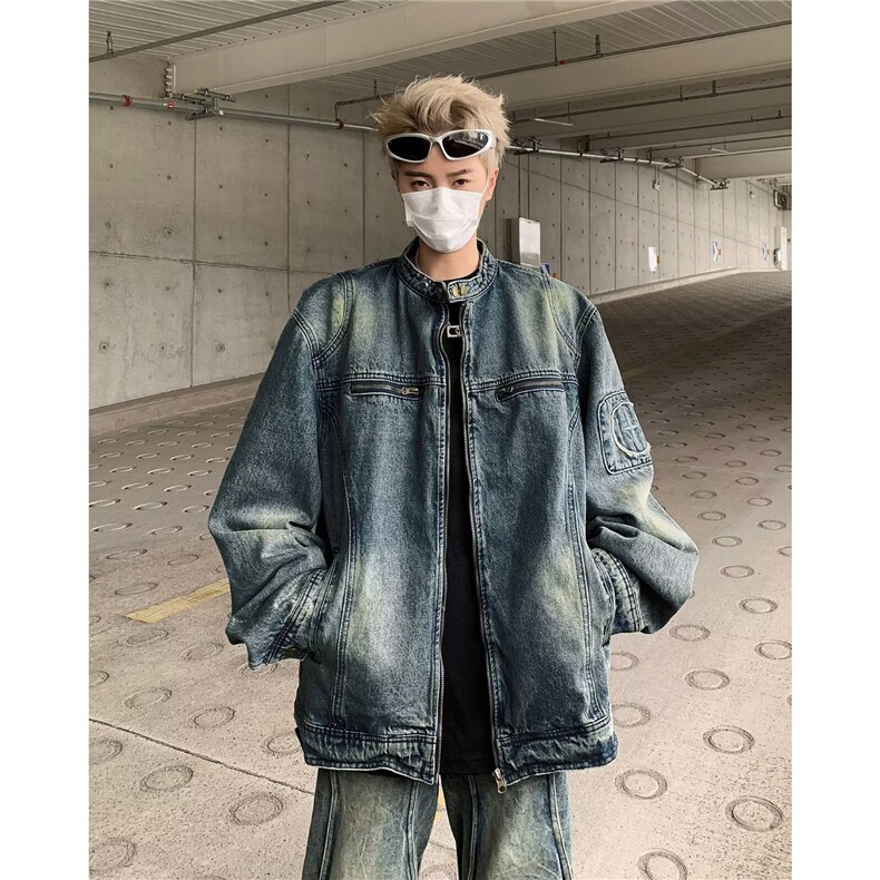 潮牌刺绣夹克美式复古做旧水洗质感立领宽松休闲牛仔外套-NC936,男装工装外套,星座1002-2