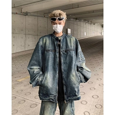 潮牌刺绣夹克美式复古做旧水洗质感立领宽松休闲牛仔外套-NC936，男装工装外套，星座1002-2