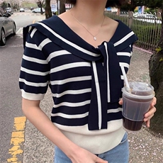 时尚减龄复古条纹系带拼色条纹海军领冰丝短袖t恤上衣夏季新款，女装T恤，暖姿羊绒