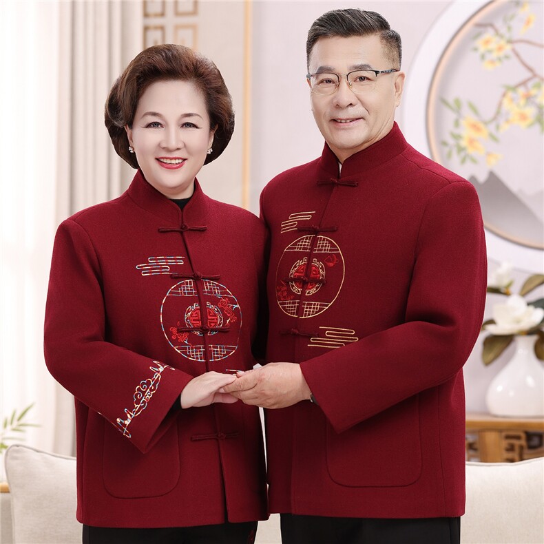 2025情侣加绒羊毛呢中老年唐装外套爸爸妈妈喜庆生日婚宴唐装外套,男装民族服装,钱塘723