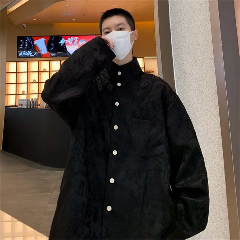 潮牌提花中山唐装衬衫男长袖风复古潮流休闲衬衣外套45333-P50,男装衬衫,星座1008