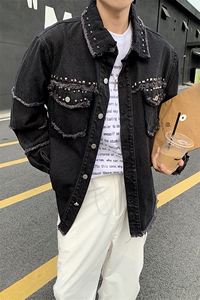 秋季新款港风美式痞帅设计感磨毛翻领牛仔夹克外套男 JK1281-P75图片