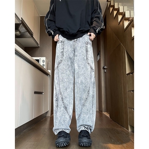 美式高街牛仔裤秋季男女生2024直筒宽松阔腿潮牌痞帅巴家弯刀裤子图片