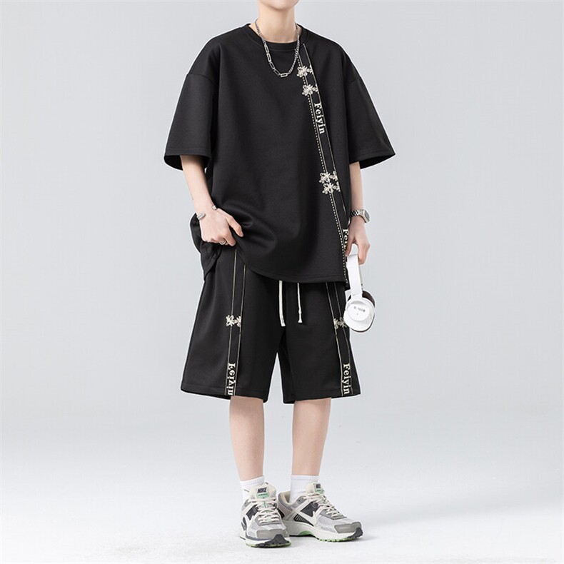 套装男夏季新款港风宽松高级感设计短袖T恤五分裤一套TZ6015特P38,男装T恤,星座301B-2（原A443-1）