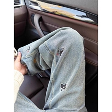 夏季趣味小狗刺绣阔腿牛仔裤女夏季新款宽松直筒裤A8052-P47，男装牛仔裤，星座208-5