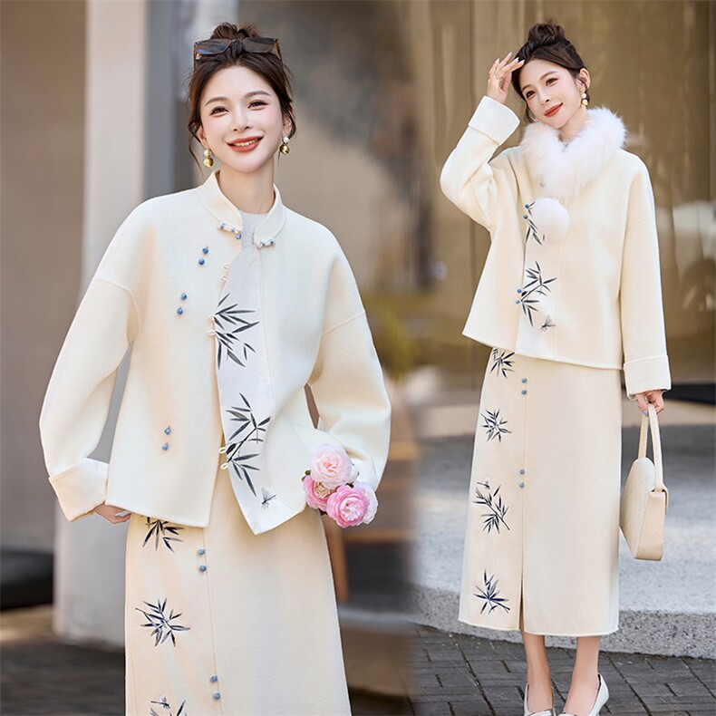 芷墨2025年冬季新款绣花新中式双面呢外套加半身裙两件套装裙，女装套装/套裙，芷墨服饰