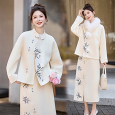 芷墨2025年冬季新款绣花新中式双面呢外套加半身裙两件套装裙，女装套装/套裙，芷墨服饰