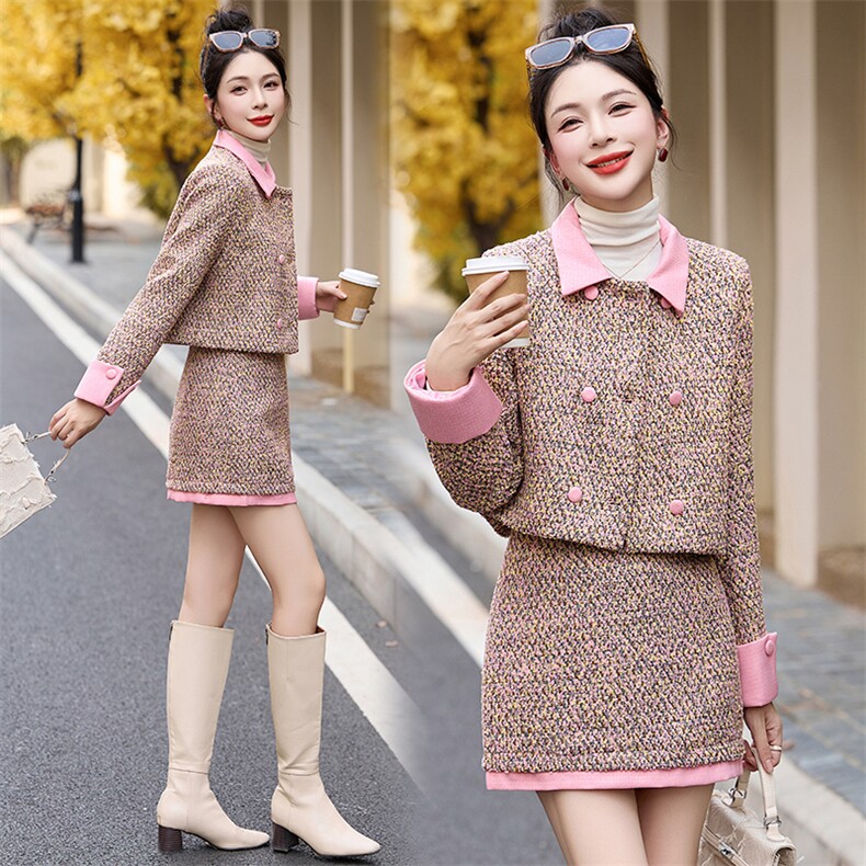 小香风甜美毛呢套装裙女2024秋冬新款粉色翻领短外套半身裙两件套，女装套装/套裙，魅影