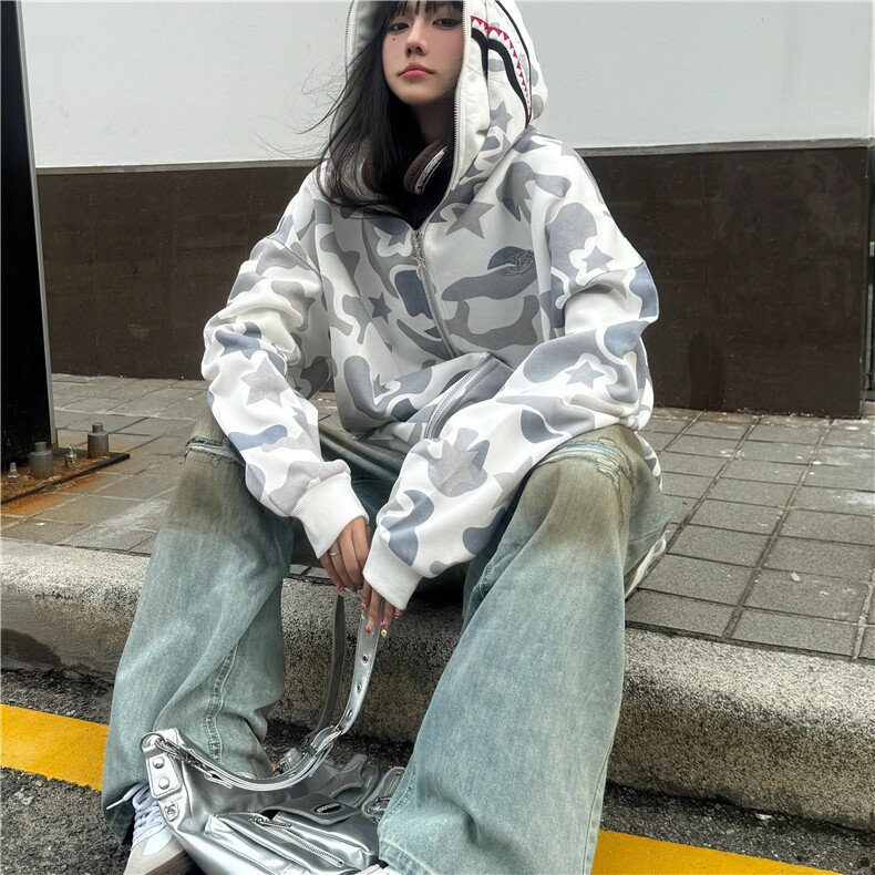 美式高街迷彩连帽鲨鱼卫衣外套女春秋hiphop情侣帽衫WLY8055-P48,女装短外套,星座1008