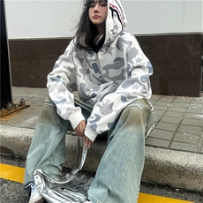 美式高街迷彩连帽鲨鱼卫衣外套女春秋hiphop情侣帽衫WLY8055-P48，女装短外套，星座1008