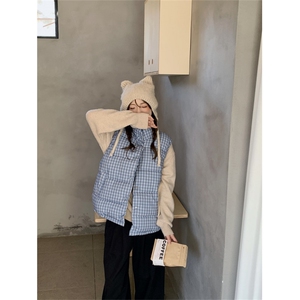 A558-P55 秋冬蓝色格纹棉服马甲短款夹棉马甲外套图片