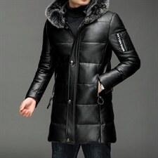 X17710秋冬新款海宁皮衣男士中长款鸭绒羽绒服狐狸毛连帽P920，男装皮衣，电商B360